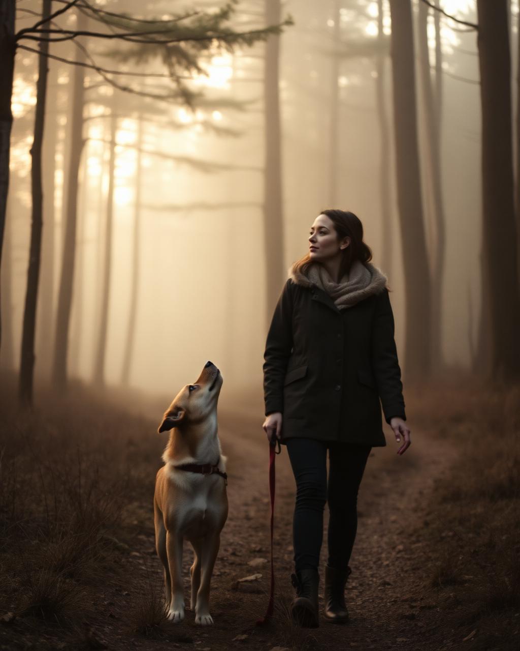 Maître et chien marchant ensemble dans une forêt brumeuse du Nord, regard complice