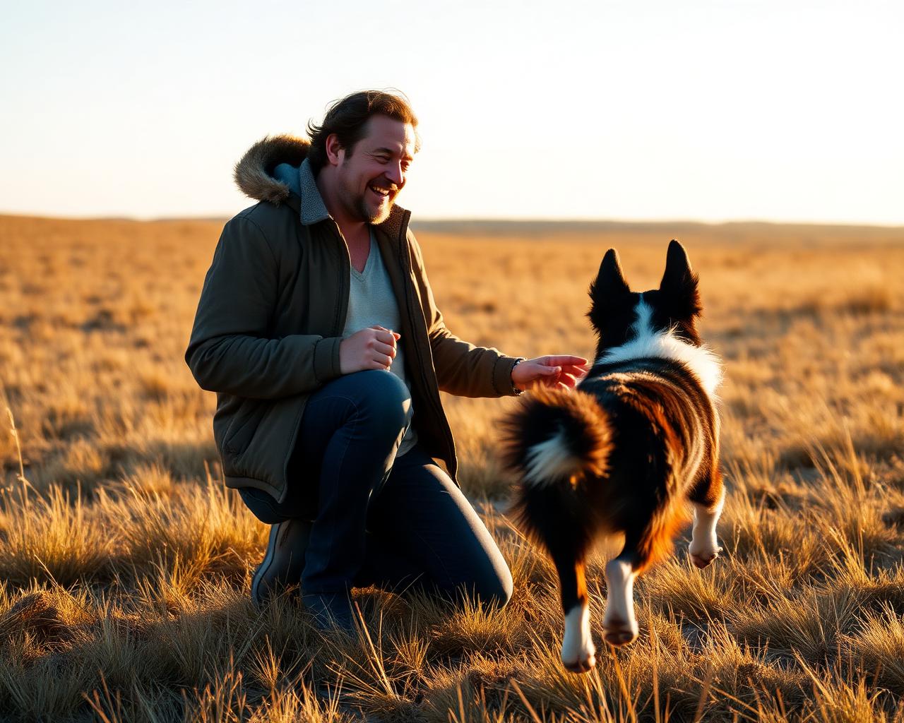 Homme accroupi accueillant son border collie qui revient en courant dans un champ du Nord, lumière dorée