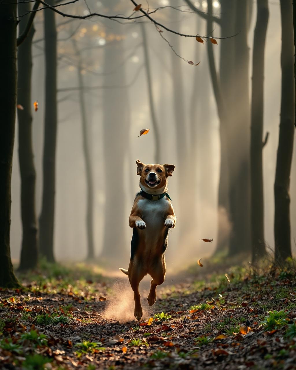 Chien sautant en forêt brumeuse, shooting photo extérieur Nord