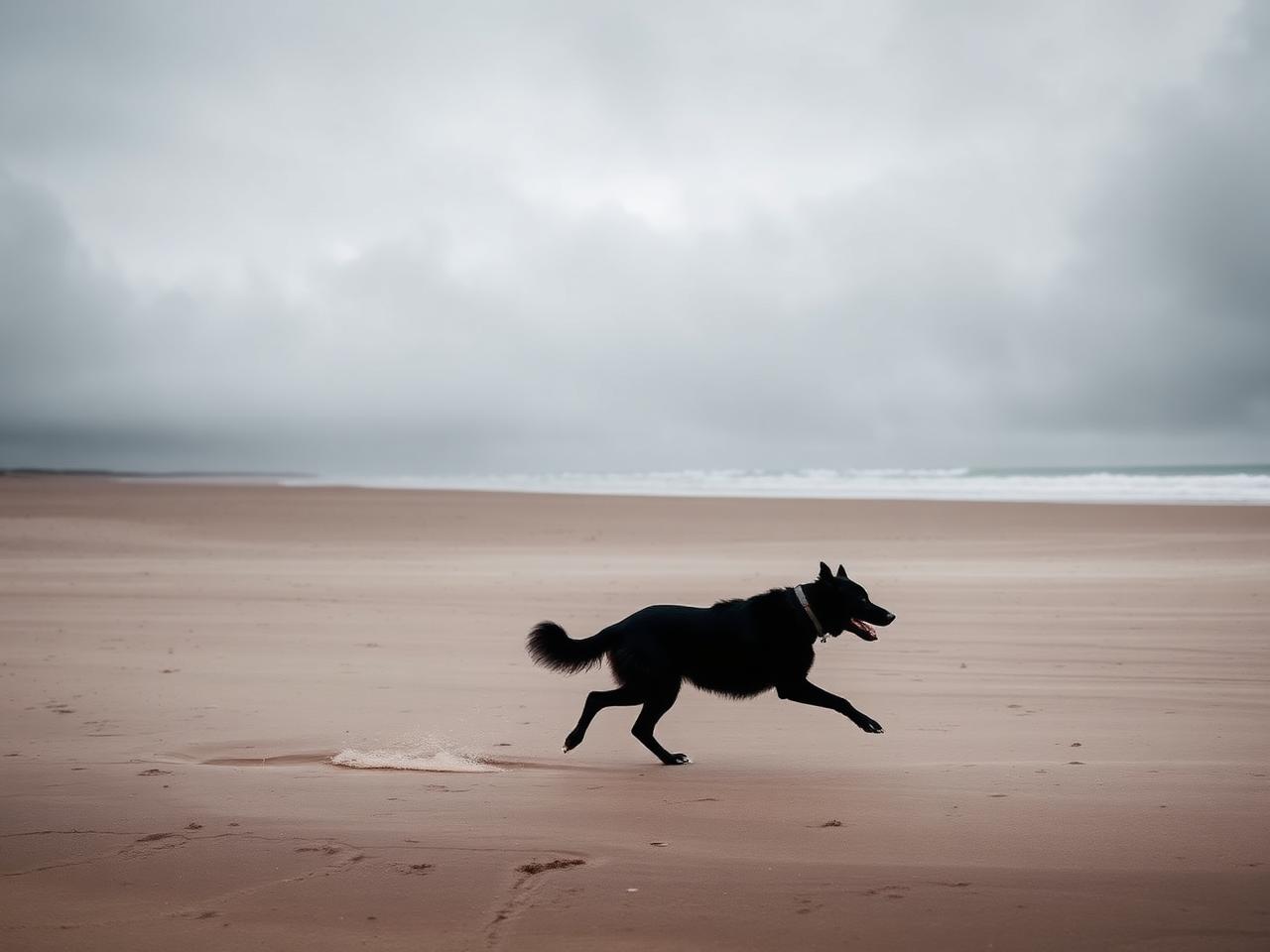 Chien noir courant sur une plage déserte du Nord