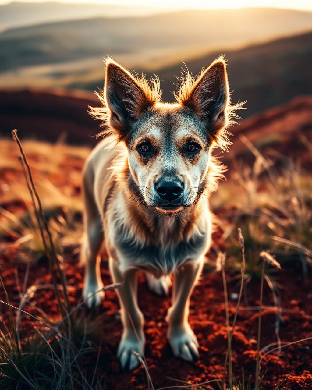 Portrait chien sur terril du Bassin Minier au coucher de soleil