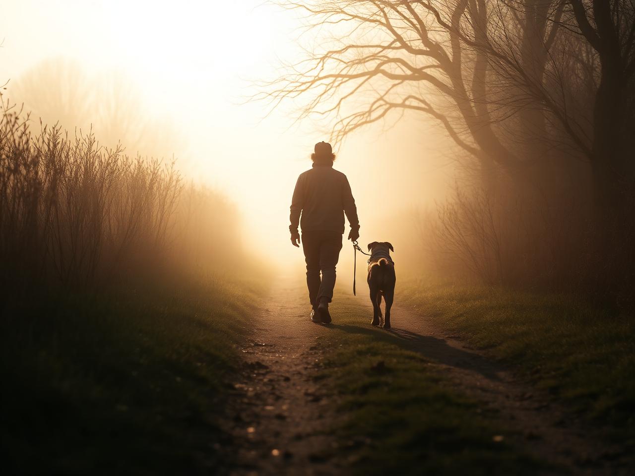 Maître et chien marchant ensemble dans la brume du matin