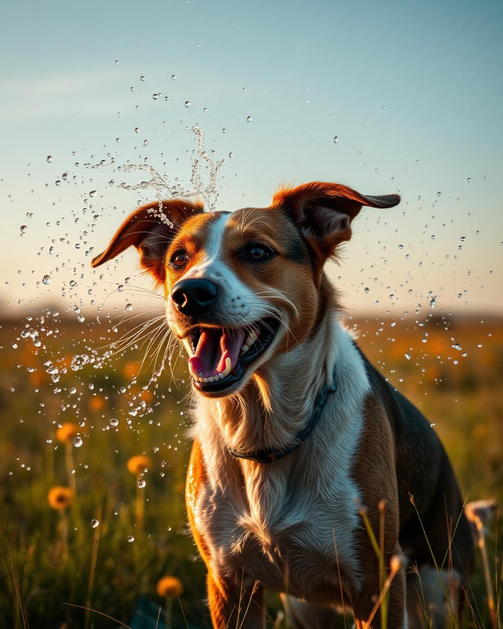 Chien qui se secoue, gouttes d'eau en suspension au soleil
