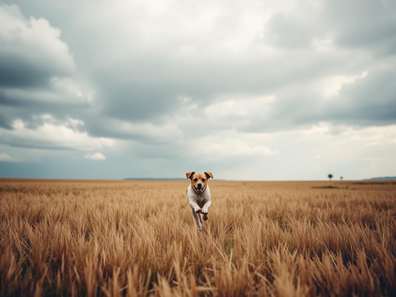 Chien courant dans un grand champ ouvert sous le ciel du Nord